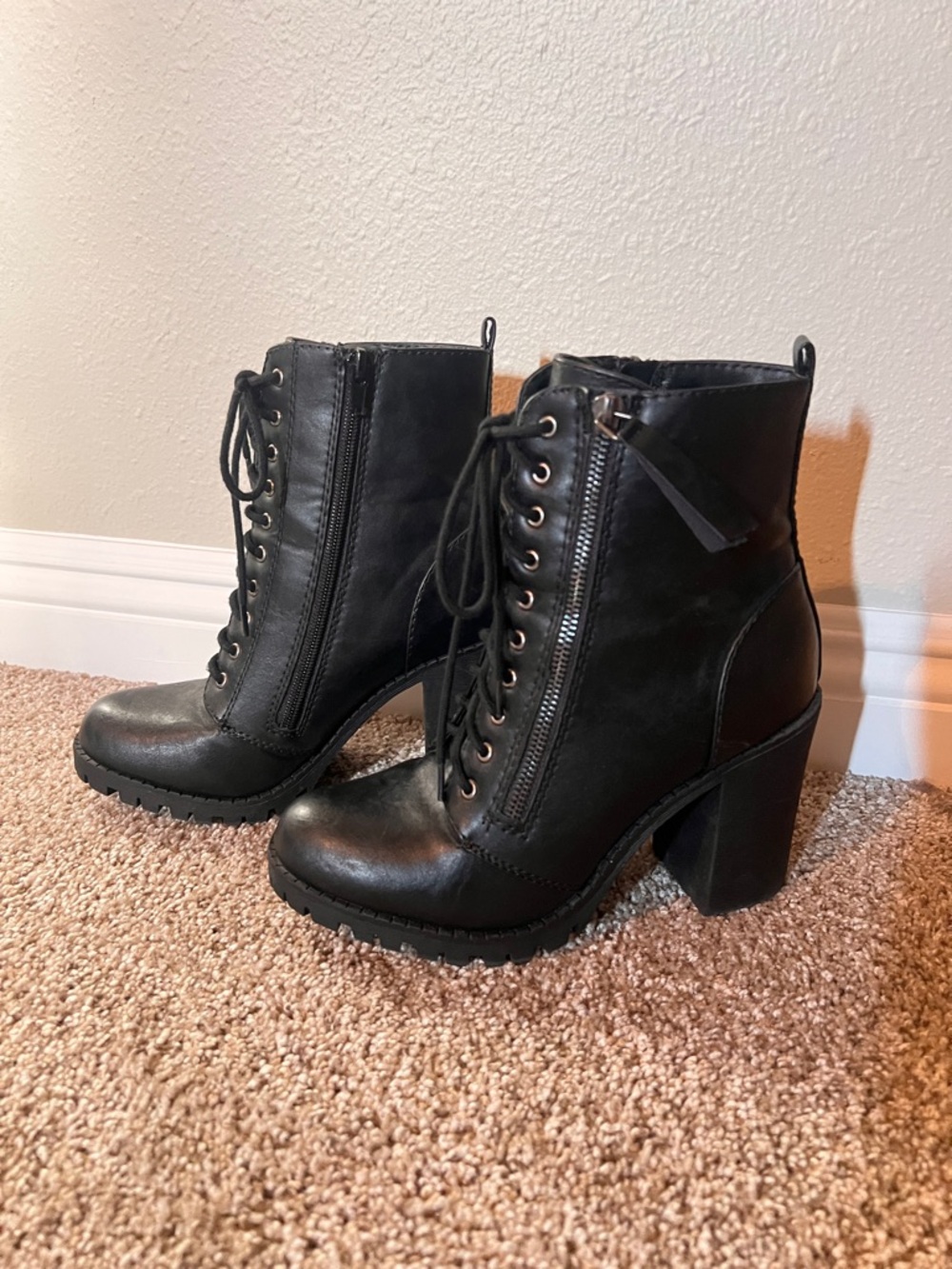 Soda Black Lace-Up Chunky Heel Ankle Boots